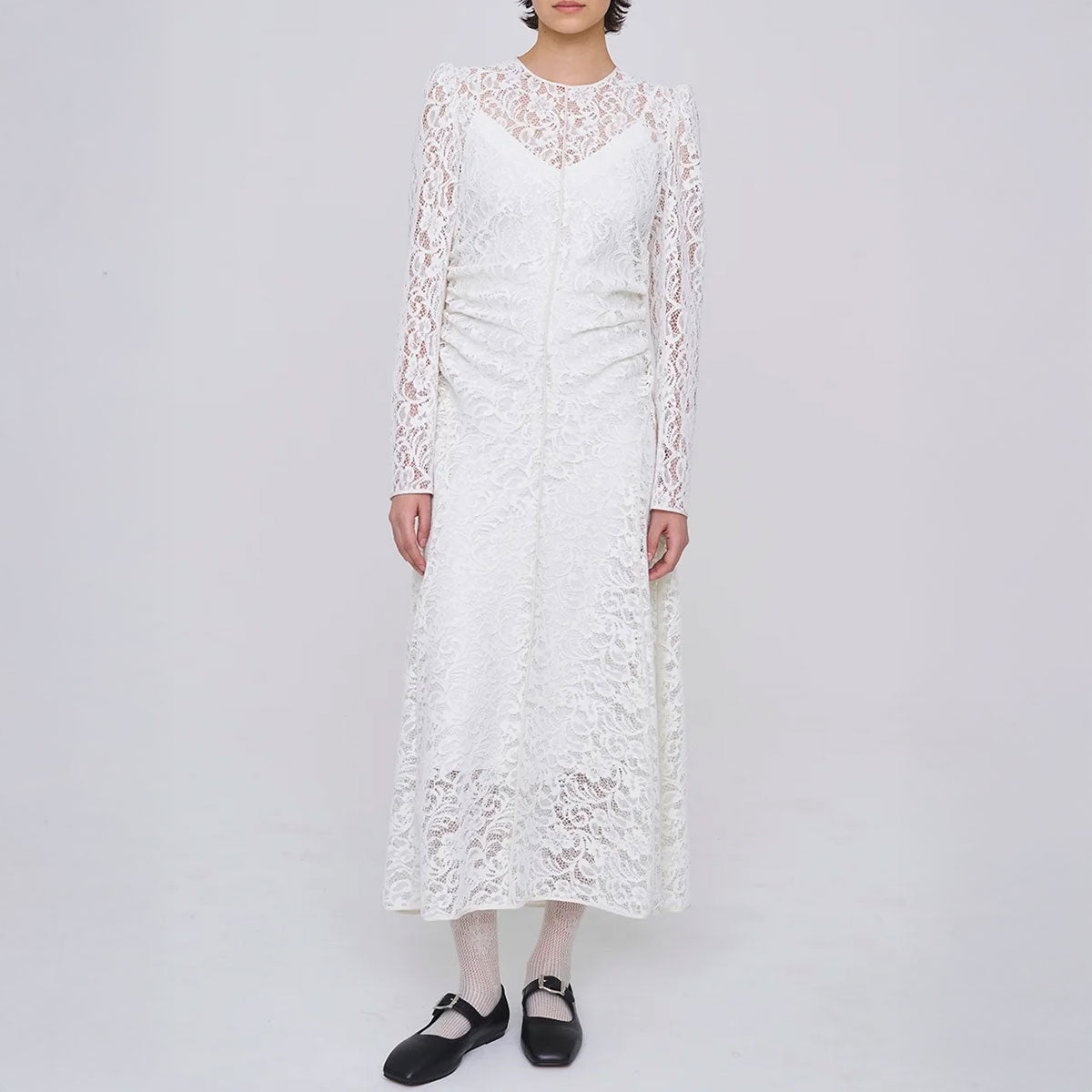 FLOCKED LACE GATHERED DRESS