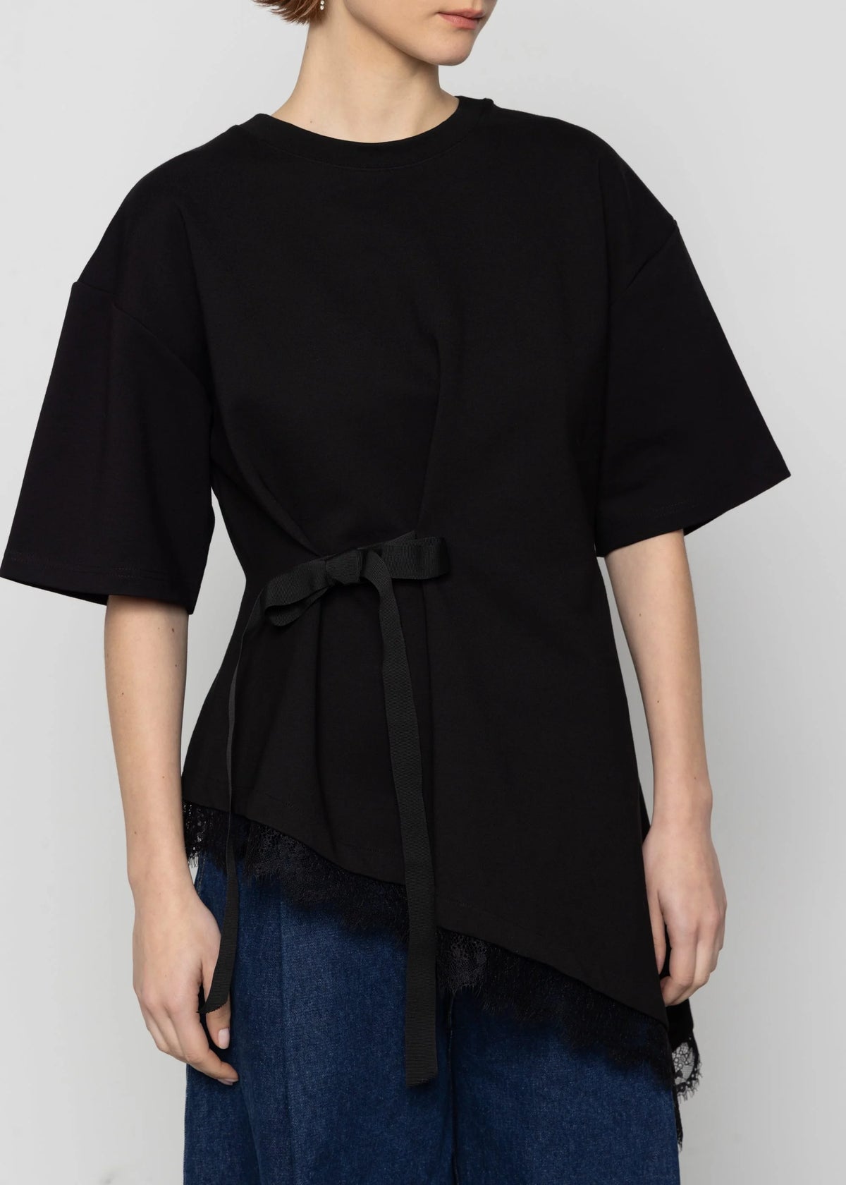 Drawstring Asymmetric Lace-Trim Top