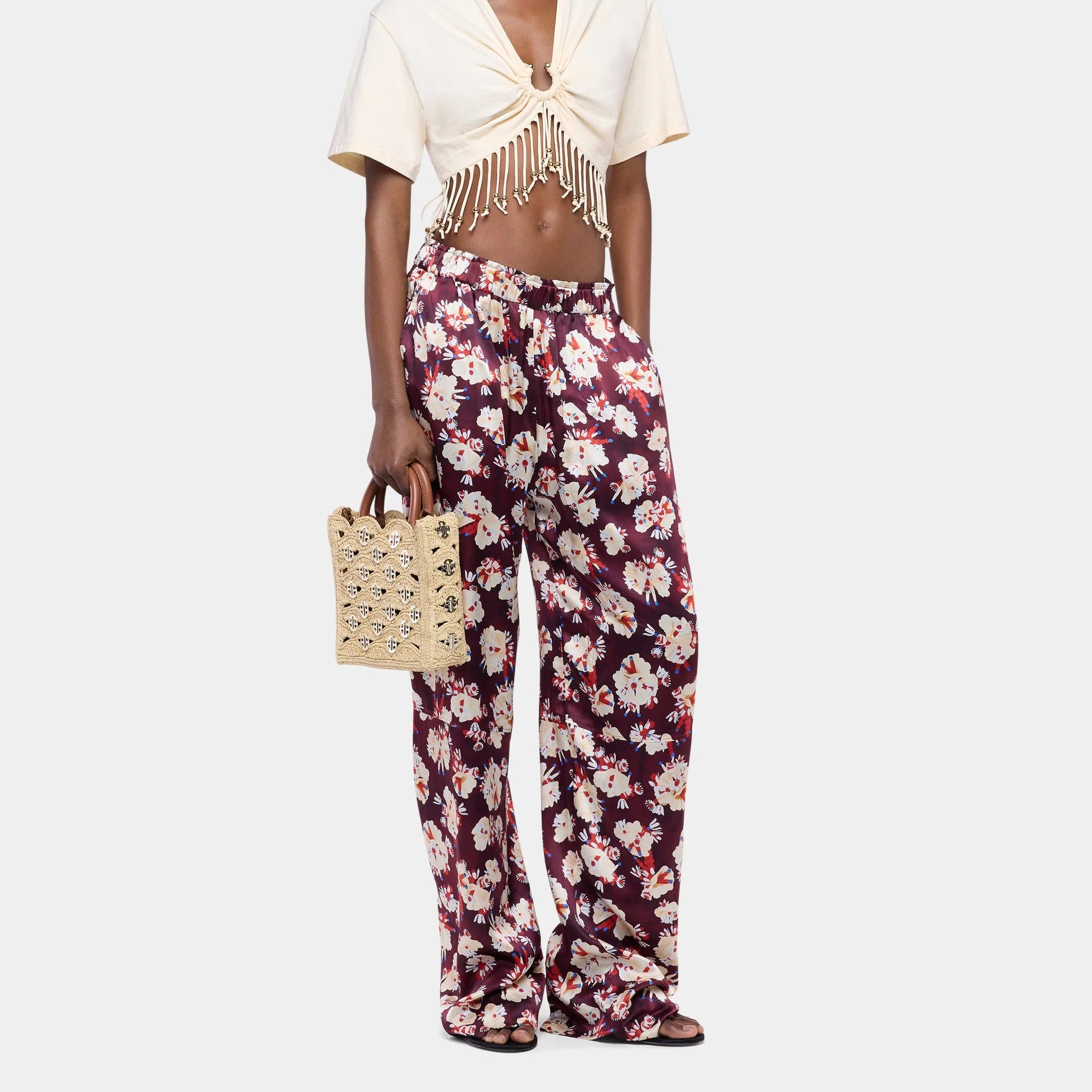 Magenta floral patterned straight trousers