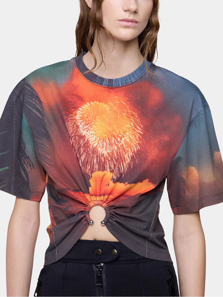 T-Shirt in Firework-Printed Cotton with Signature Piercing Detail