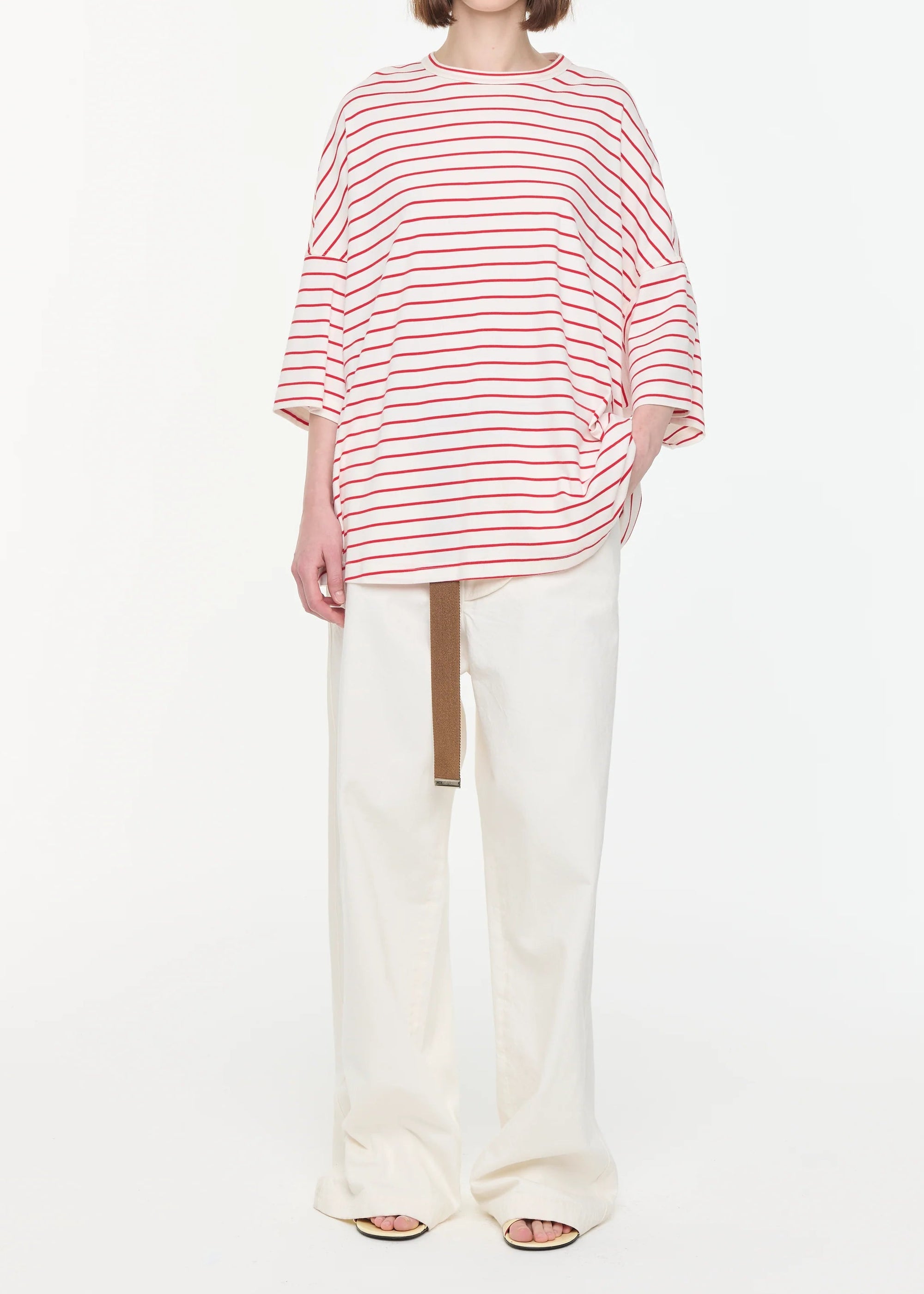 ホワイトレッドストライプワイドスリーブTシャツ