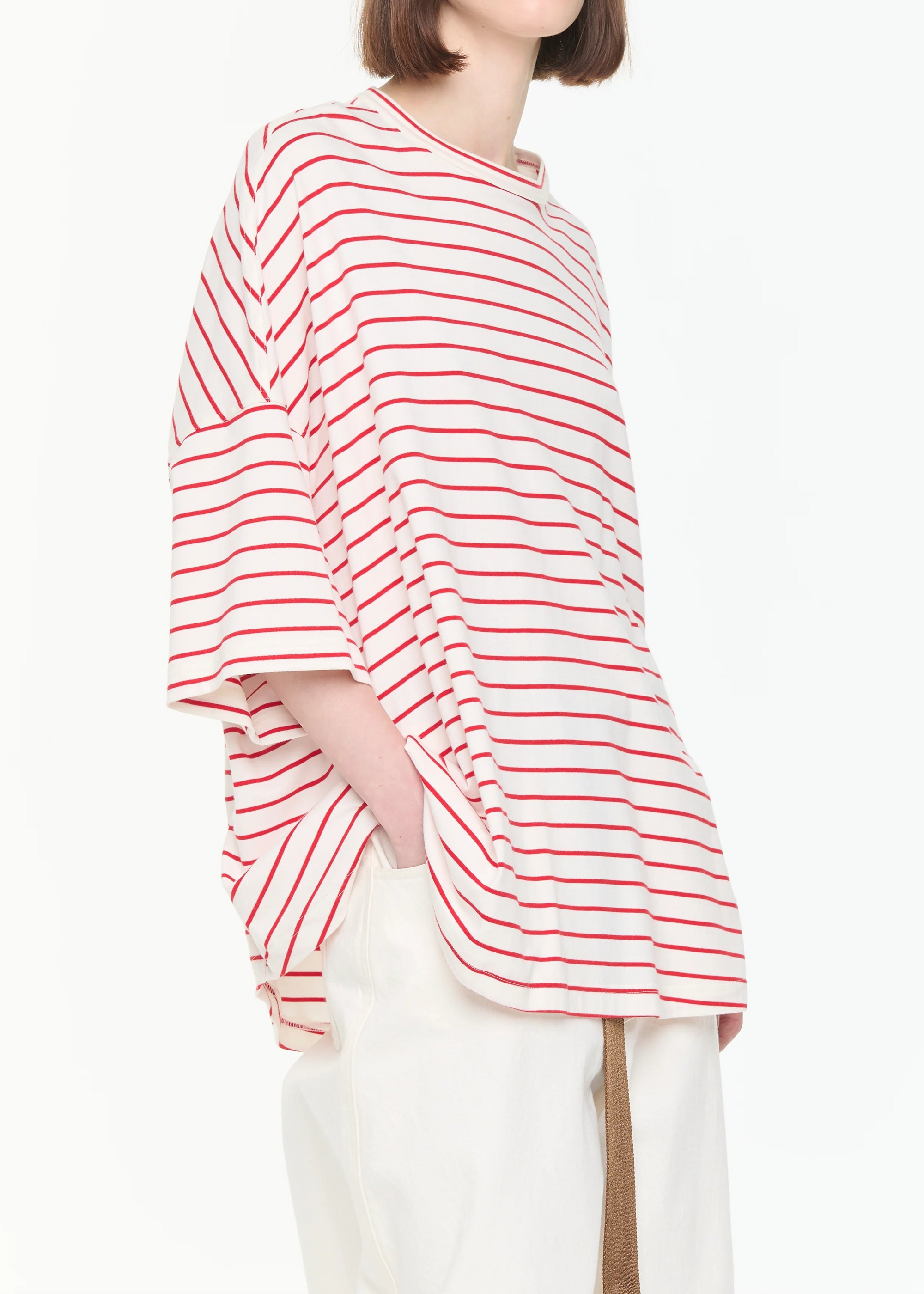 ホワイトレッドストライプワイドスリーブTシャツ