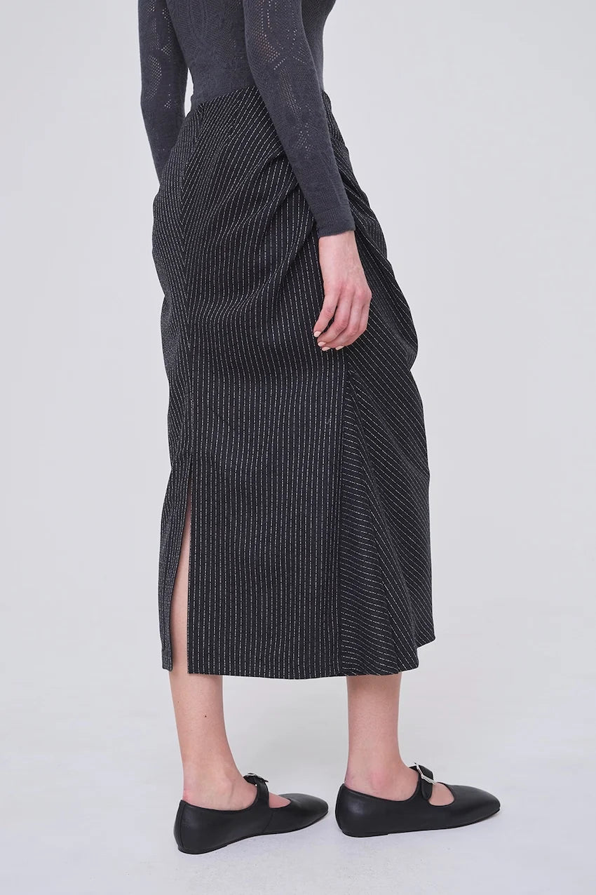 WOOL PINSTRIPE DRAPED SKIRT