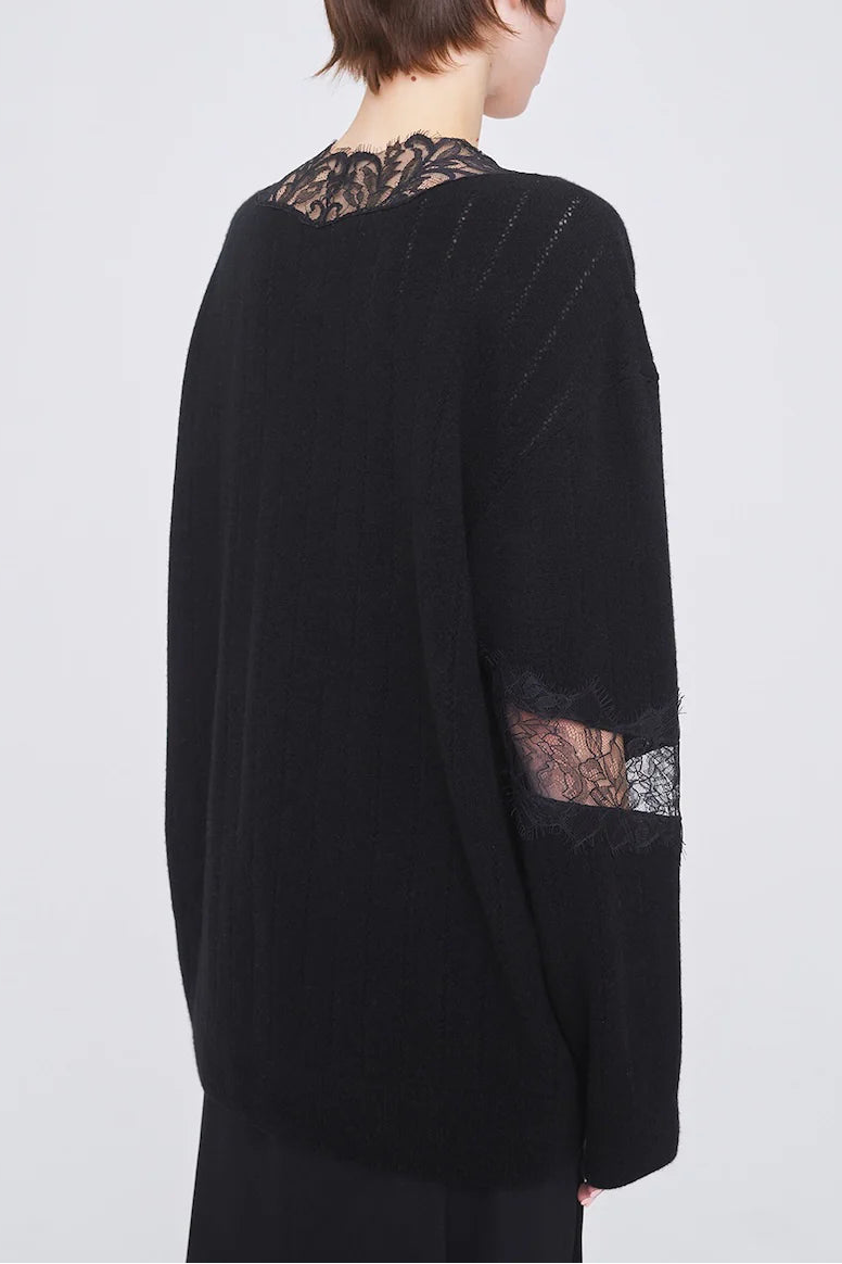 OVERSIZED HAIRY LACE PANELED KNIT CARDIGAN