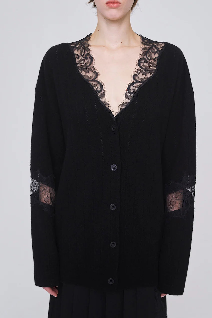OVERSIZED HAIRY LACE PANELED KNIT CARDIGAN