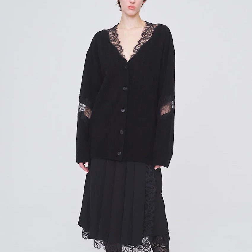OVERSIZED HAIRY LACE PANELED KNIT CARDIGAN