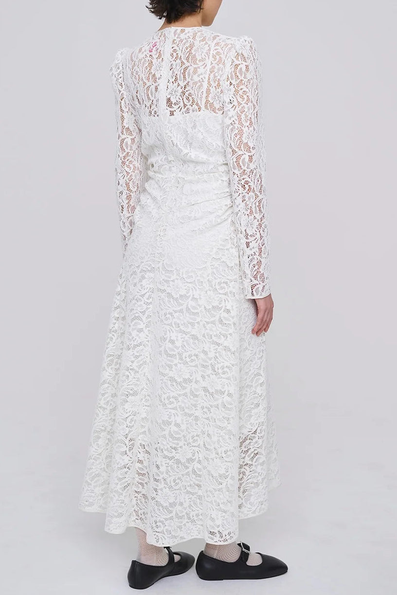 FLOCKED LACE GATHERED DRESS