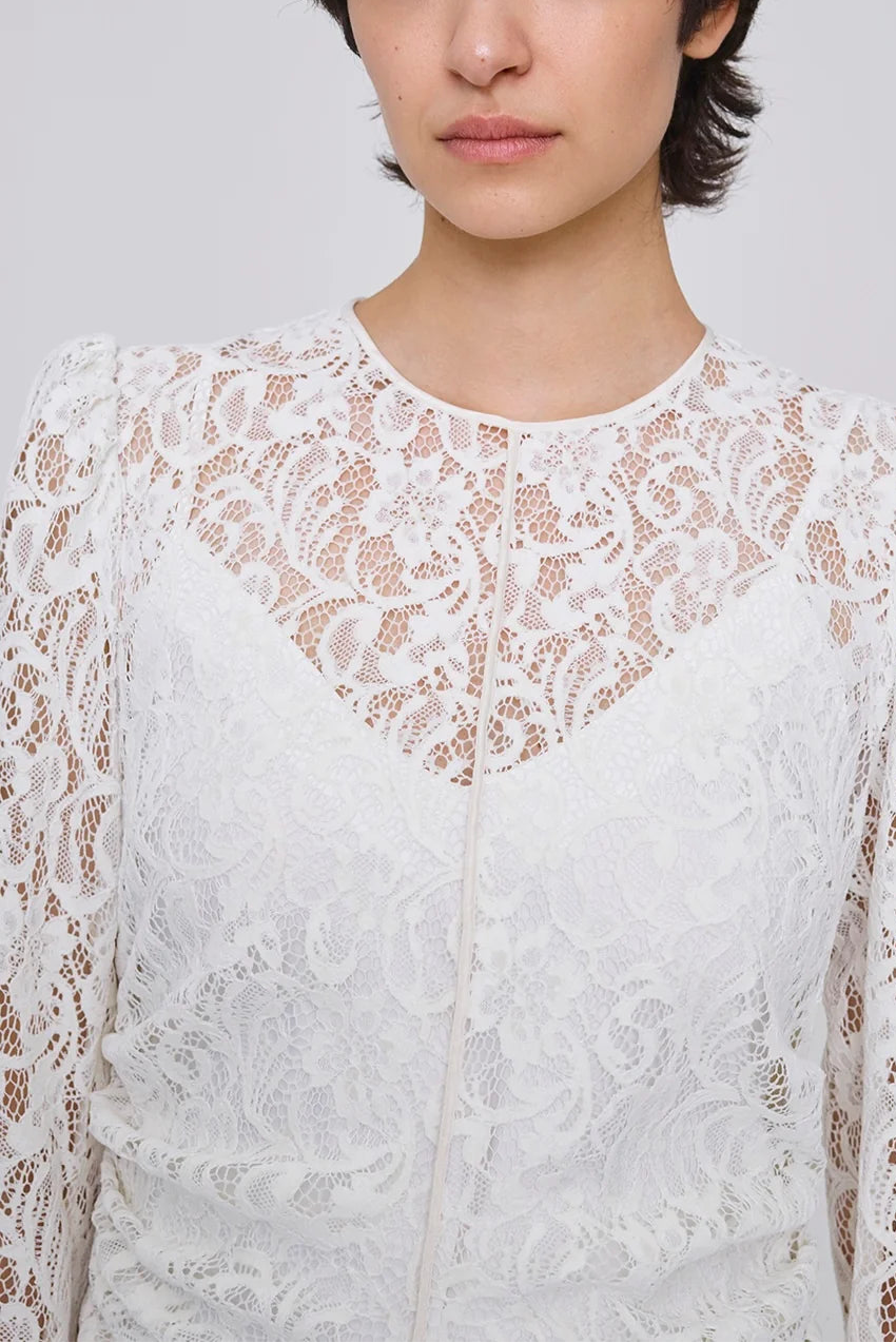 FLOCKED LACE GATHERED DRESS