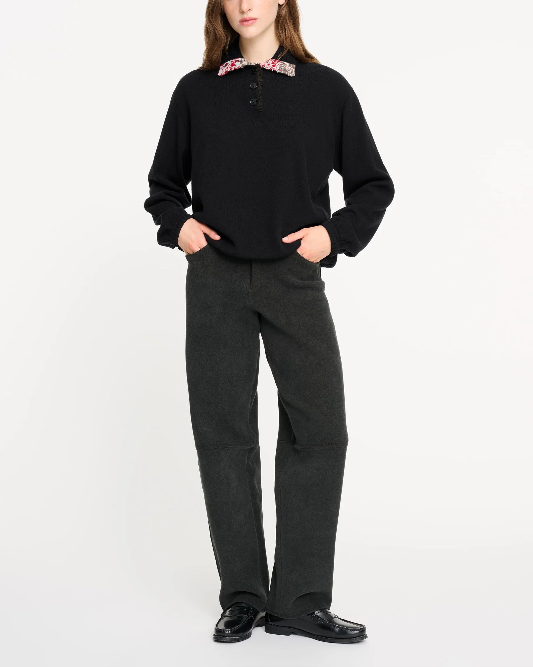 Oversized cashmere sweater with polo shirt collar and ribbon detail