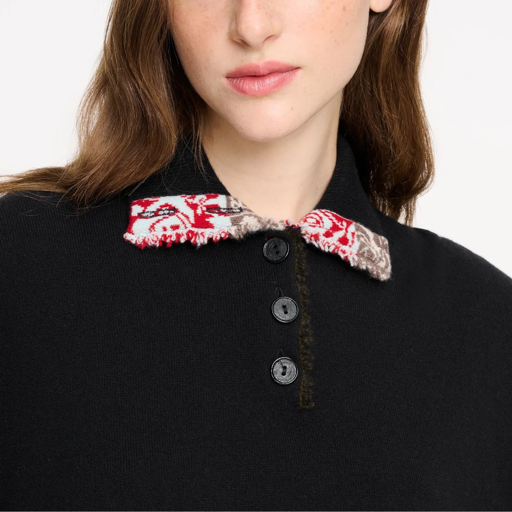 Oversized cashmere sweater with polo shirt collar and ribbon detail