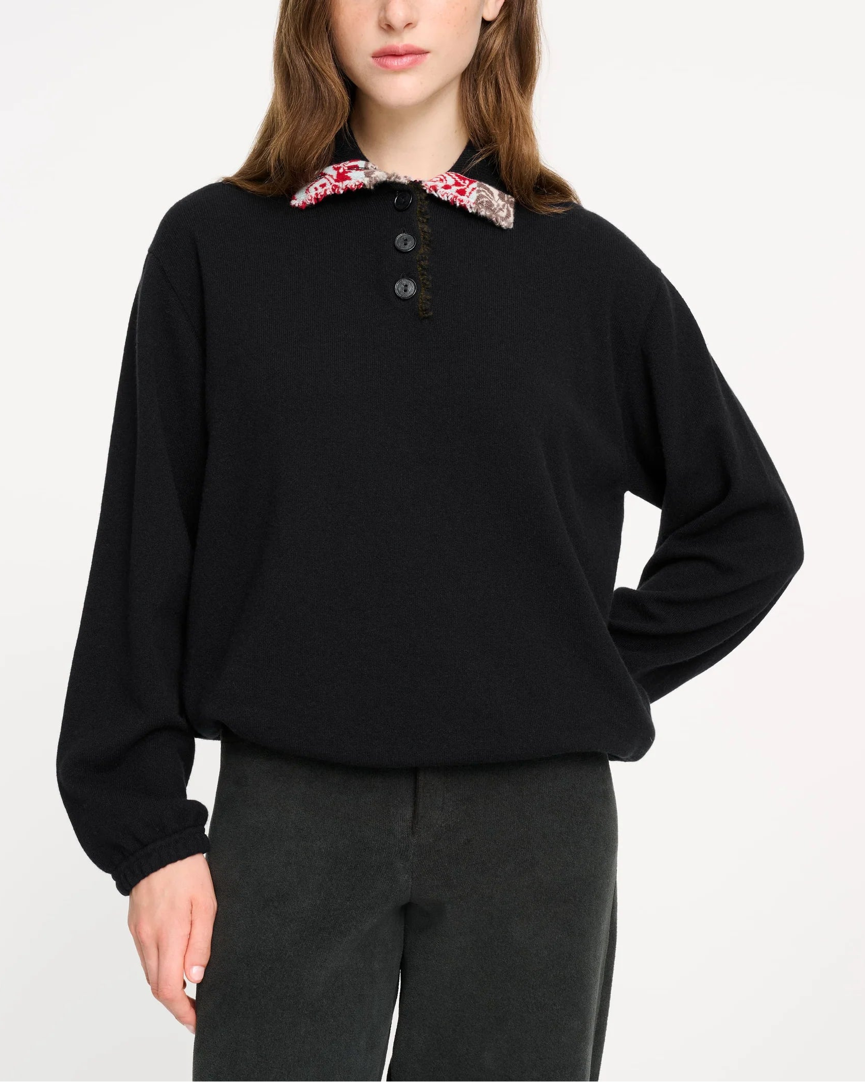 Oversized cashmere sweater with polo shirt collar and ribbon detail
